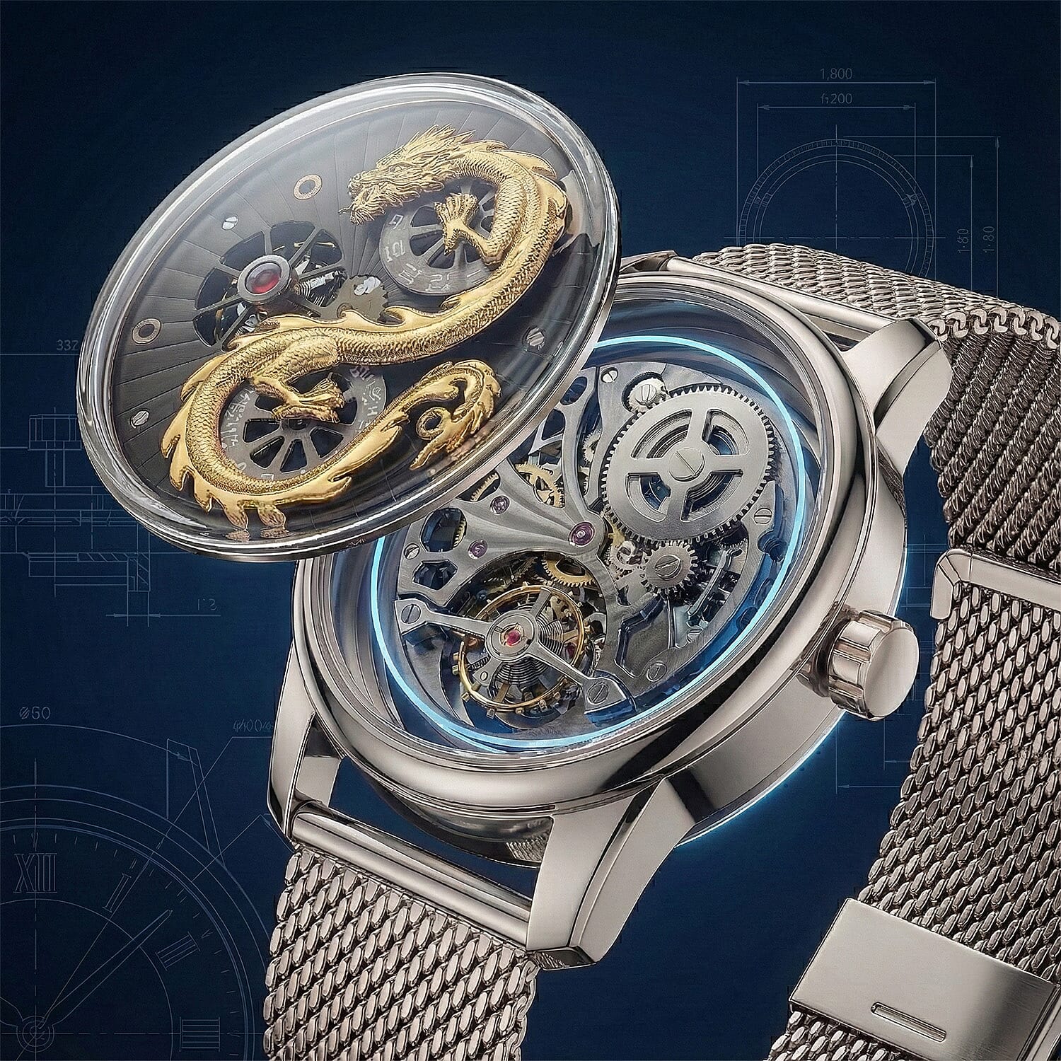 Limited Edition William Hunt London Dragon Watch with Automatic Movt. 5 ATM Water Resistancy, Blue Sapphire Crystal Dial and Adjustable Milanese Strap - Silver